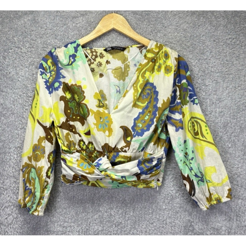 Zara Womens M Paisley Twist Front Crop Blouse V Neck Balloon Sleeve Boho Fitted